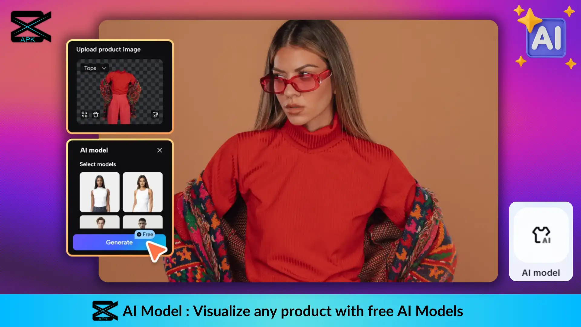 Female model with red shirt in AI Model feature in Capcut showing upload product image & AI model options