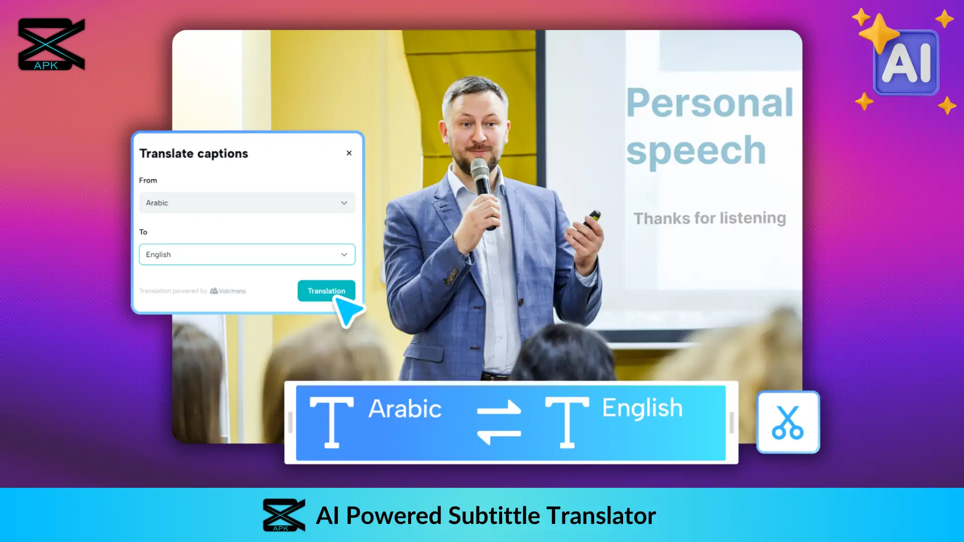 A person delivering a speech with translate caption options between different languages powered by AI in Capcut Pro