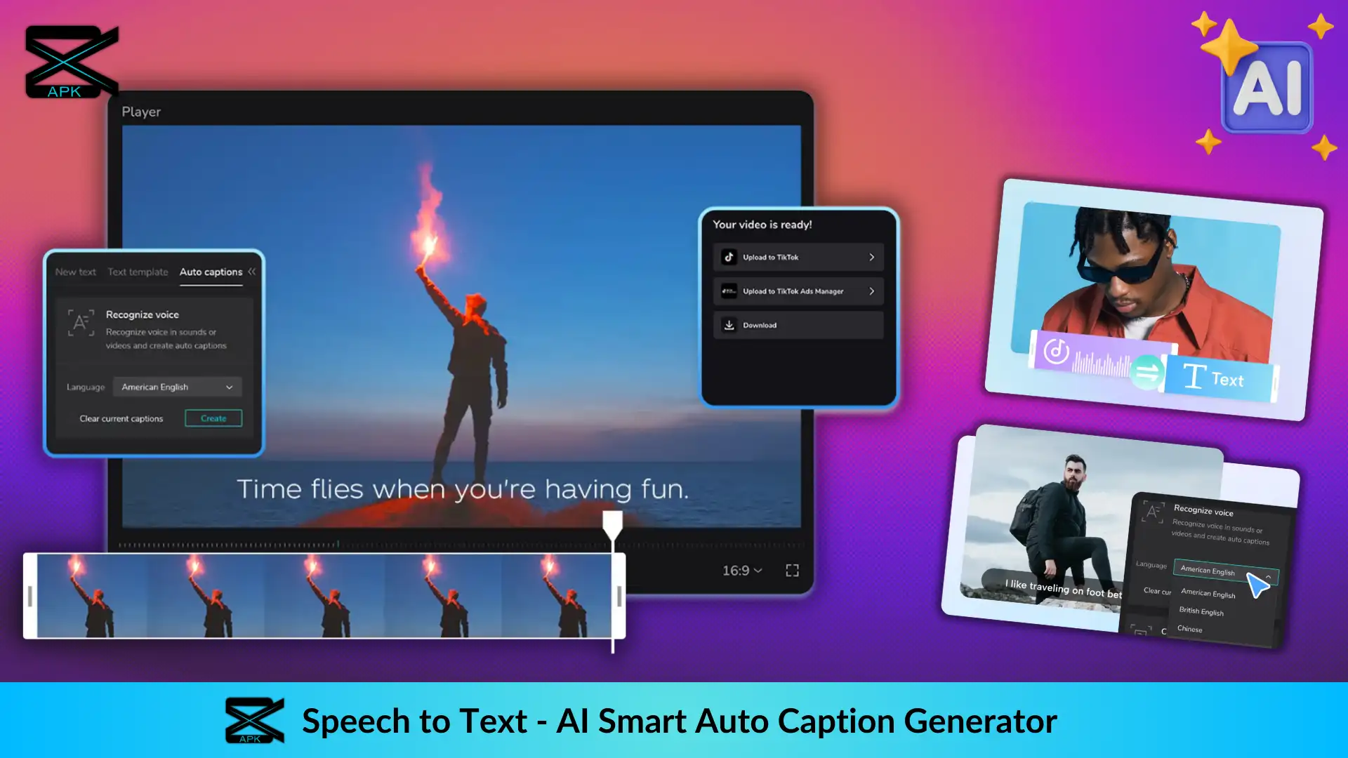 AI feature of Speech to Text or Auto Capctions for a video showing a man holding a flamed beacon in all Capcut without watermark