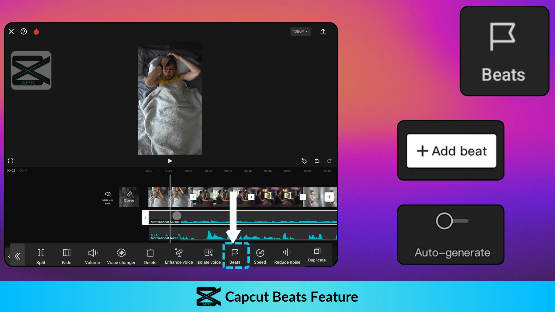 Capcut premium video editing screen with arrow showing location of Beats feature in the video editing tools 