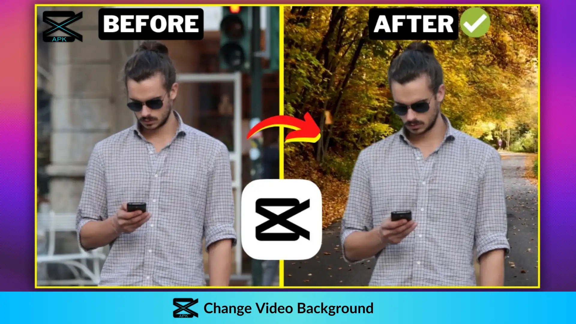 Split screen showing the same person with different backgrounds showing the capability of Capcut to change video background