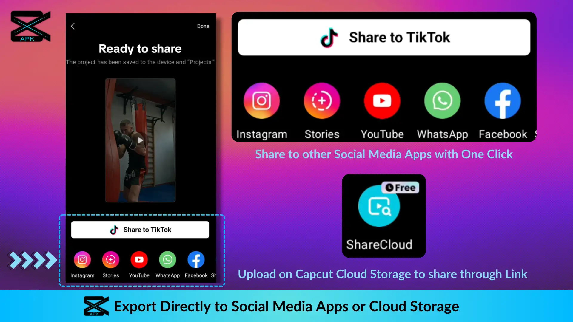 Direct Video Export options for sharing on different social media platforms in Capcut 