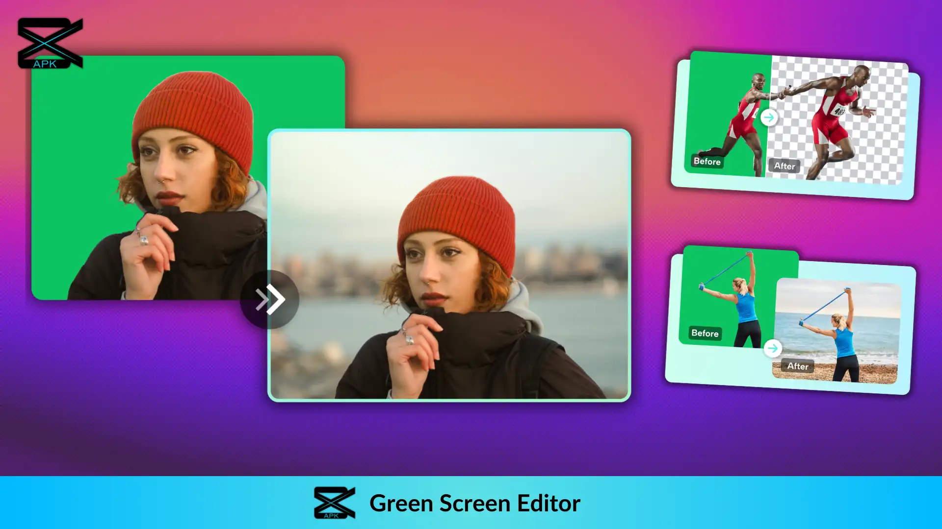 Background change of 3 pictures 1)Girl with Hoodie 2)Running Athlete 3)Woman doing exercise using green screen in Capcut 