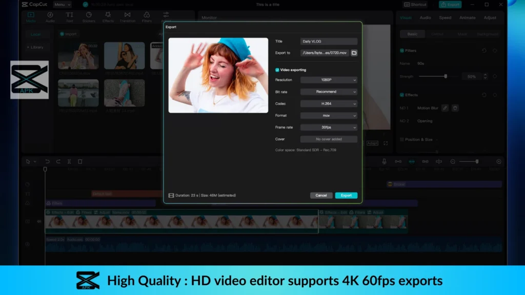 Various Export options in capcut for PC for High quality exports