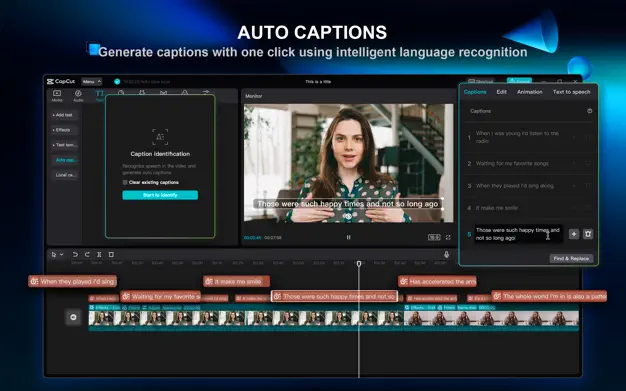 Capcut screen with a girl on Mac showing Auto Capctions option