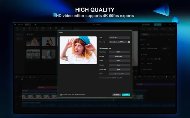 Capcut screen with a singing girl on Mac showing 4K 60fps Export option