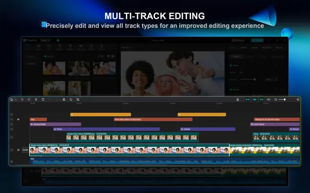 Capcut screen with teens on Mac showing Multi-track Editing