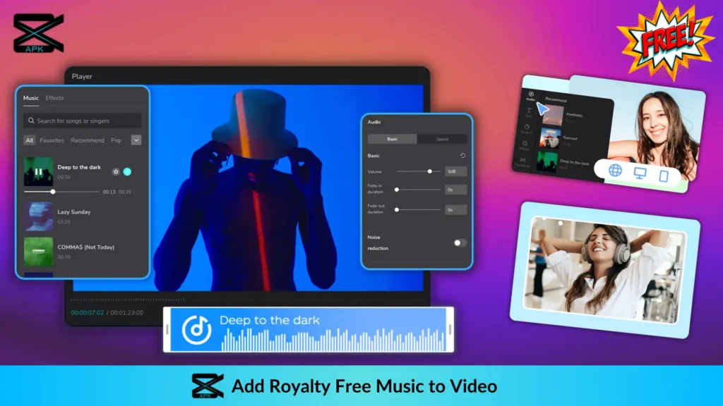 Options of adding royalty free music in different videos inside the Capcut Pro