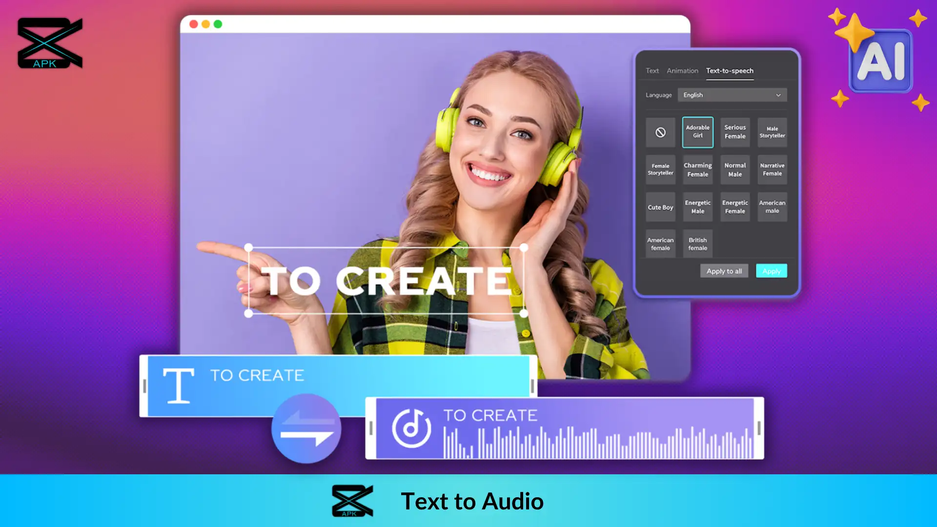 A girl with headphones showing on video preview screen with various Text to Speech options through Capcut mod apk download 