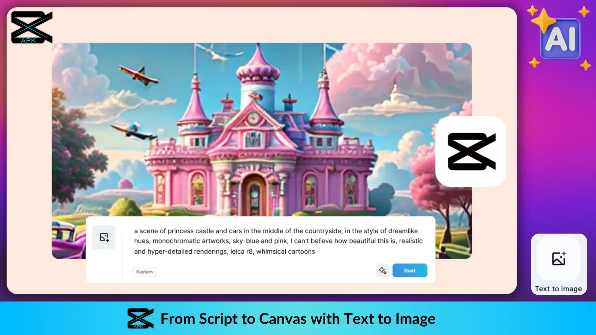 Scene of princess castle showing prompt underneath, used to generate that image with Text to Image feature of unlocked Capcut