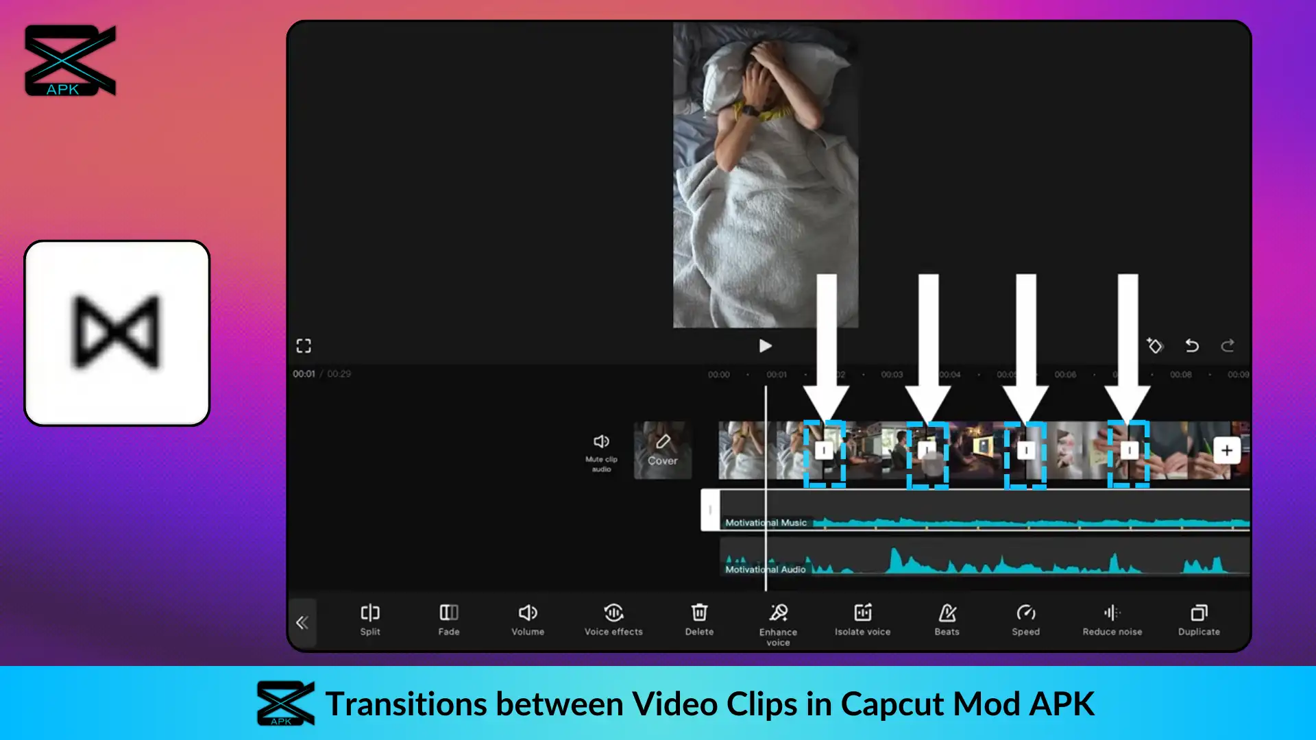 The Capcut editing screen displays a video preview of a person waking up, with transition addition options between different clips