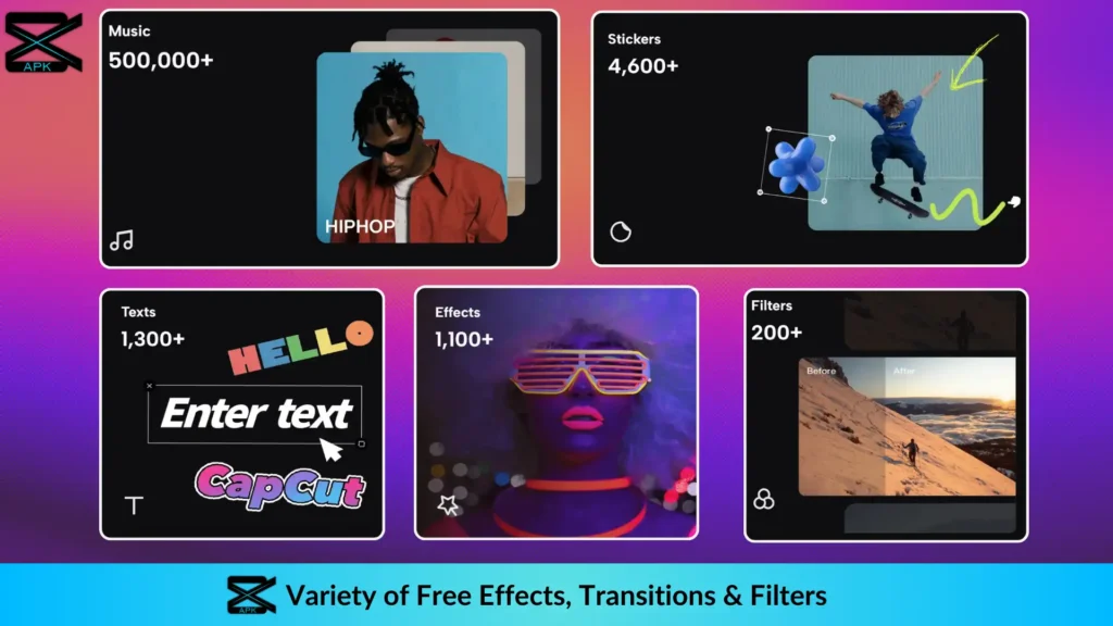 Unlock all variety of premium Music, Stickers, Fancy Texts, Cinematic Effects and Filters to choose from in Capcut Resources