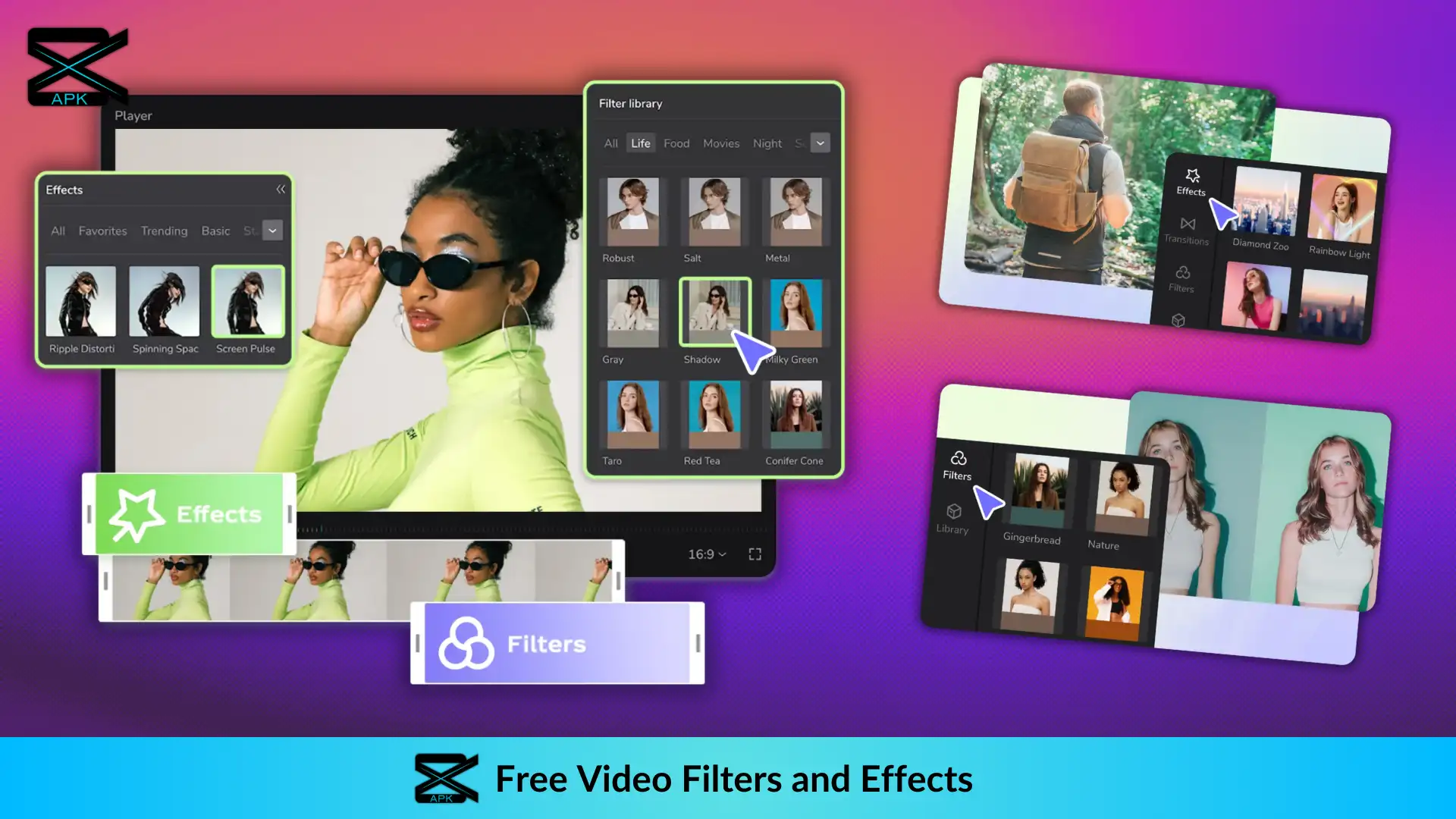 Video Filters and Effects to apply on different videos with a click, inside the premium Capcut Mod APK interface