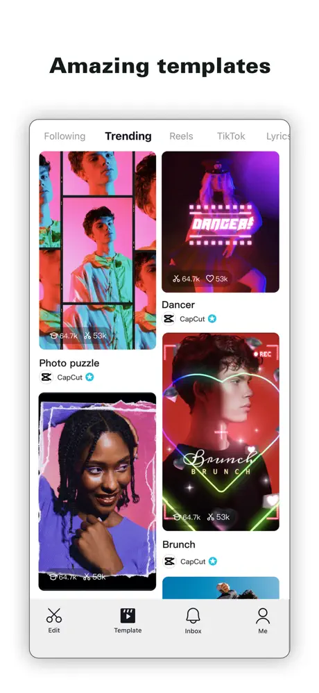 Capcut trending templates being shown on 4 different iPhones