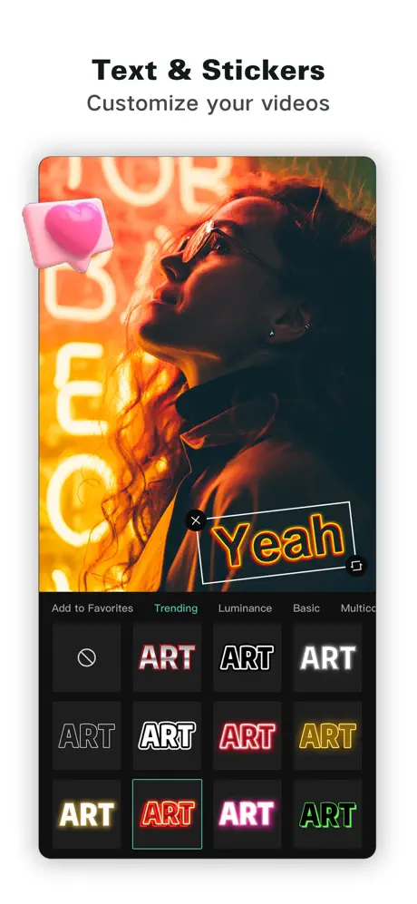 Capcut screen with a girl showing text & Stickers for video customization