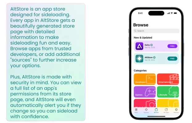 iPhone showing Altstore App Store and a slide on its side with its description