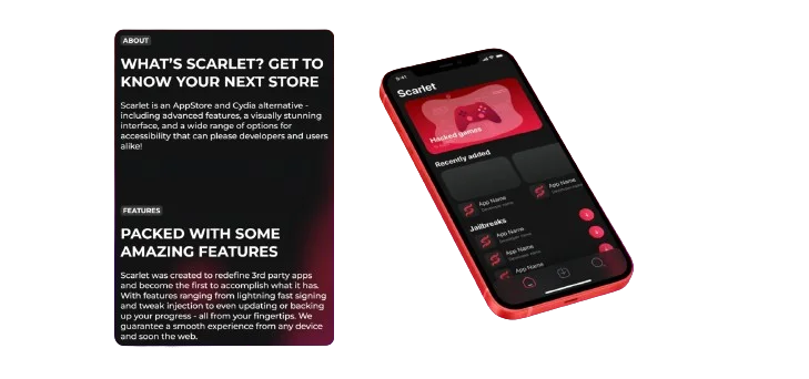 On one side, iPhone with Scarlet App opened and on other side showing app description