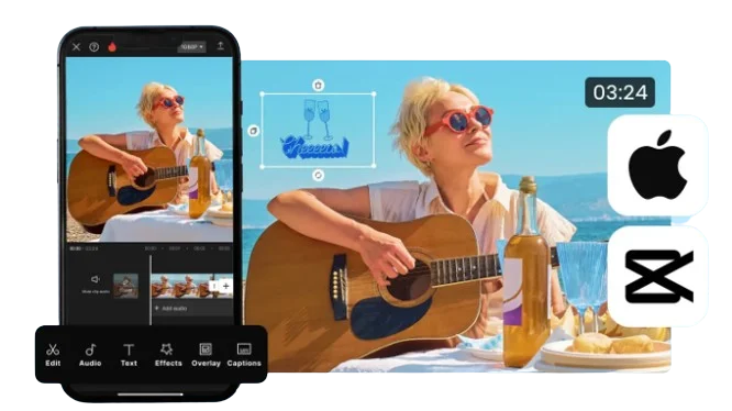 A Girl holding a guitar while same scene is also shown on iPhone