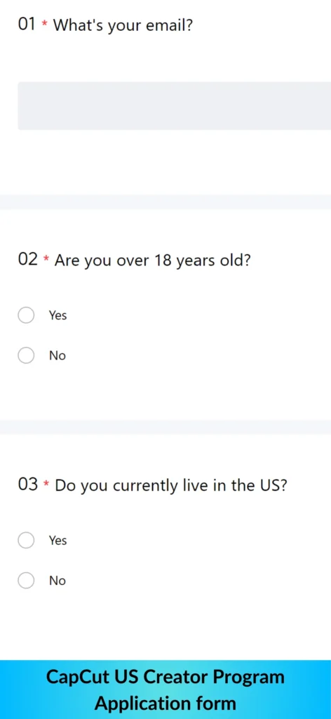 Capcut Creator Program Form section-I showing to enter personal details