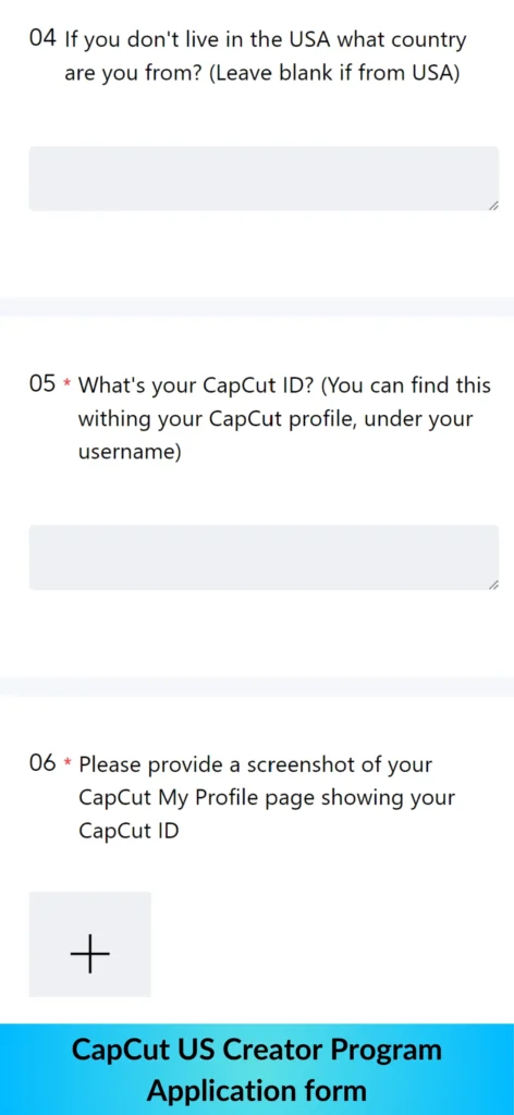 Capcut Creator Program Form section-II showing to enter personal details