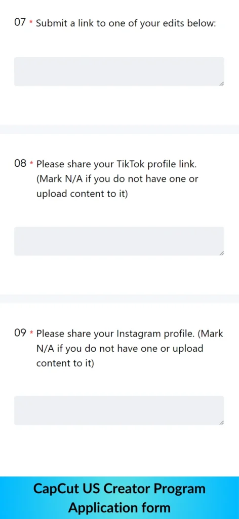 Capcut Creator Program Form section-III showing to enter personal details