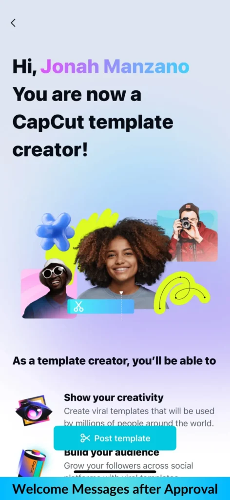Congratulations Page after Capcut tempalte program approval