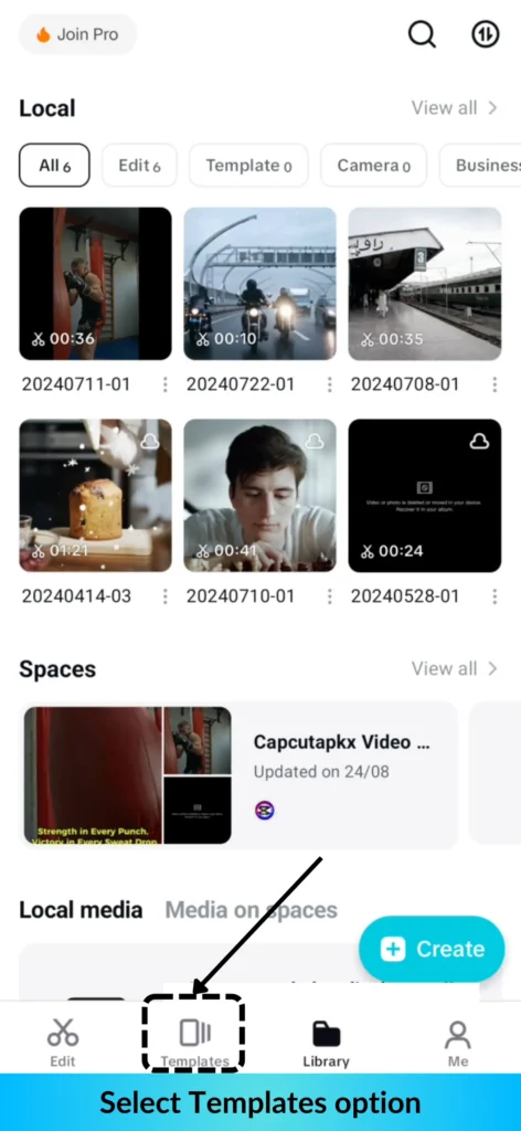 Capcut main screen showing Templates