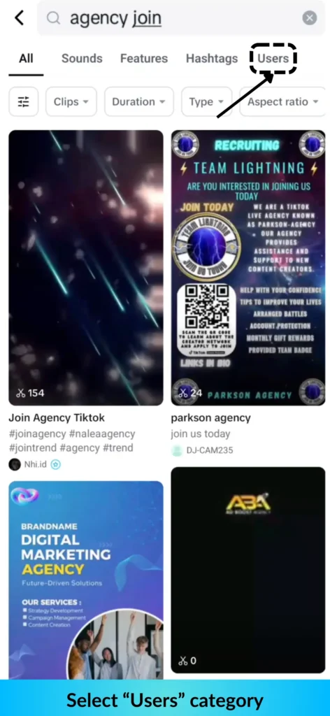 Capcut template screen showing search results