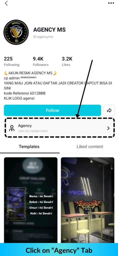 Capcut Agency MS screen showing their page