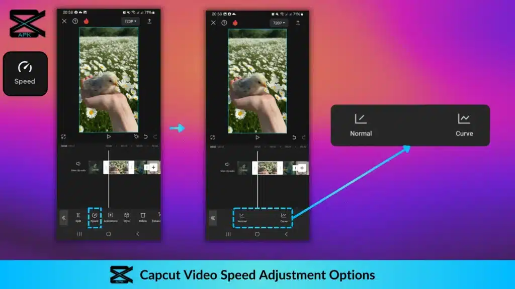 Two mobile screen previews showing different options in CapCut Speed adjustment