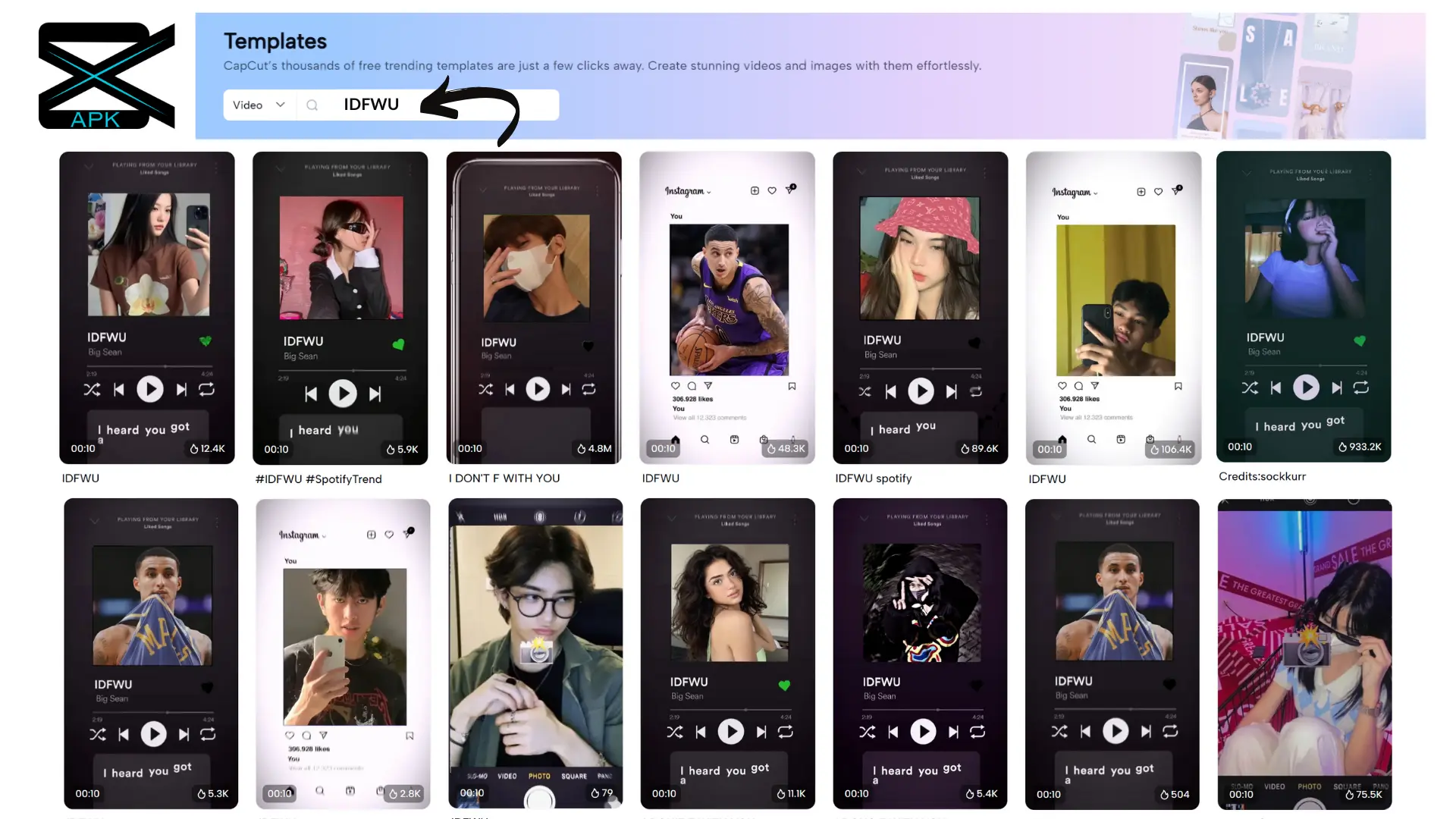 Previews of top IDFWU templates in Capcut
