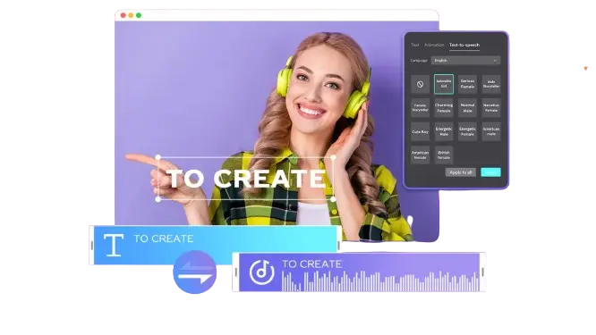 A girl with headphones showing on video preview screen with various Text to Speech options through Capcut mod apk download