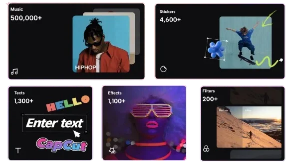 Unlock all variety of premium Music, Stickers, Fancy Texts, Cinematic Effects and Filters to choose from in Capcut Resources