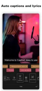 A girl in front of the microphone using CapCut Auto-Captions and Auto-Lyrics