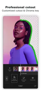 Capcut screen with a girl showing professional Cutout and Chroma Key