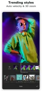 Image of a girl showing various CapCut Style options mainly Auto velocity and 3D Zoom