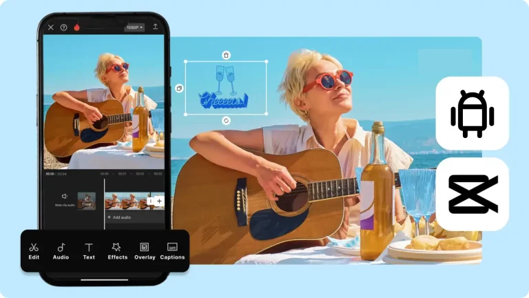 Girl holding a guitar while same scene is shown in Capcut Mod apk on Android