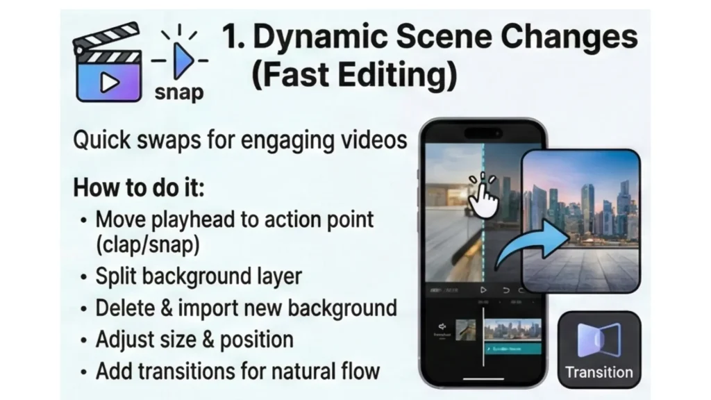 The infographic explains the main steps in dynamic scene changes in CapCut Mobile