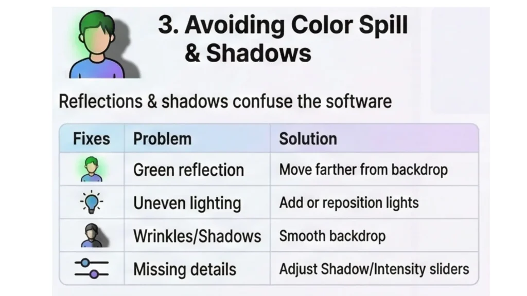 The infographic explains the main steps in avoiding color spills and shadows in CapCut Mobile