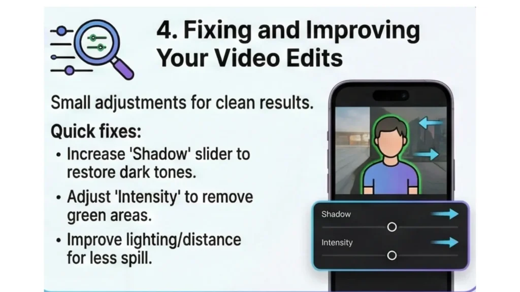 The infographic explains the main steps in fixing and improving video edits in CapCut Mobile