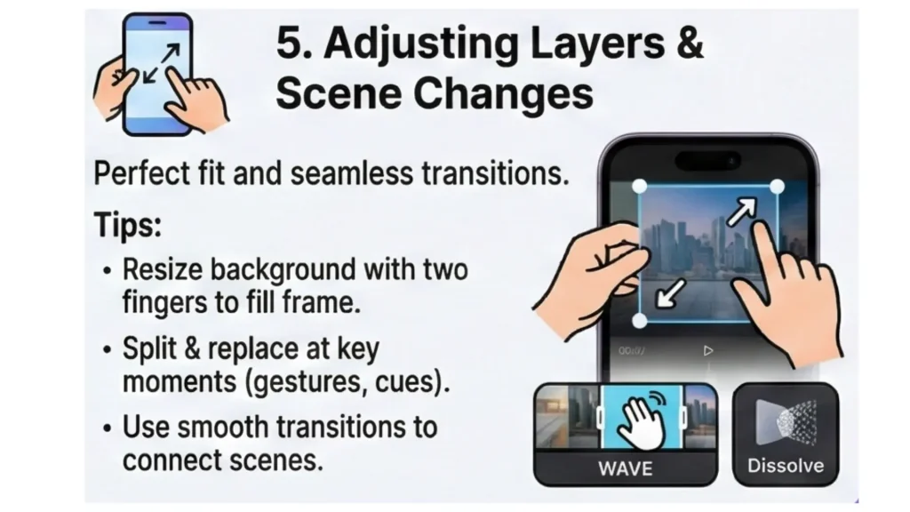 The infographic explains the main steps in Adjusting layers and scene changes in CapCut Mobile