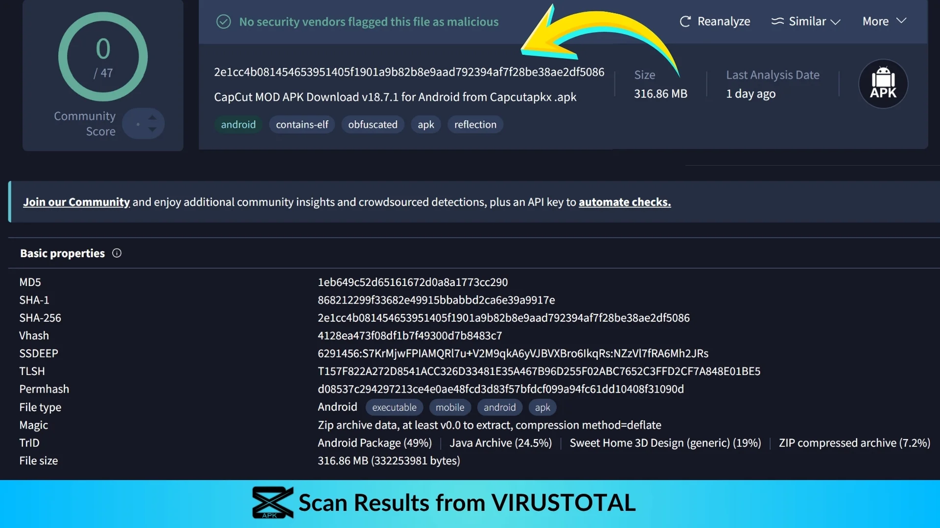 Scan Results of Capcut mod apk file on Virus Total Website