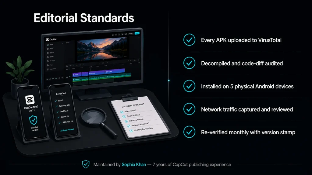 Editorial integrity at capcutapkx.com — VirusTotal scan, decompile audit, real-device testing, monthly verification