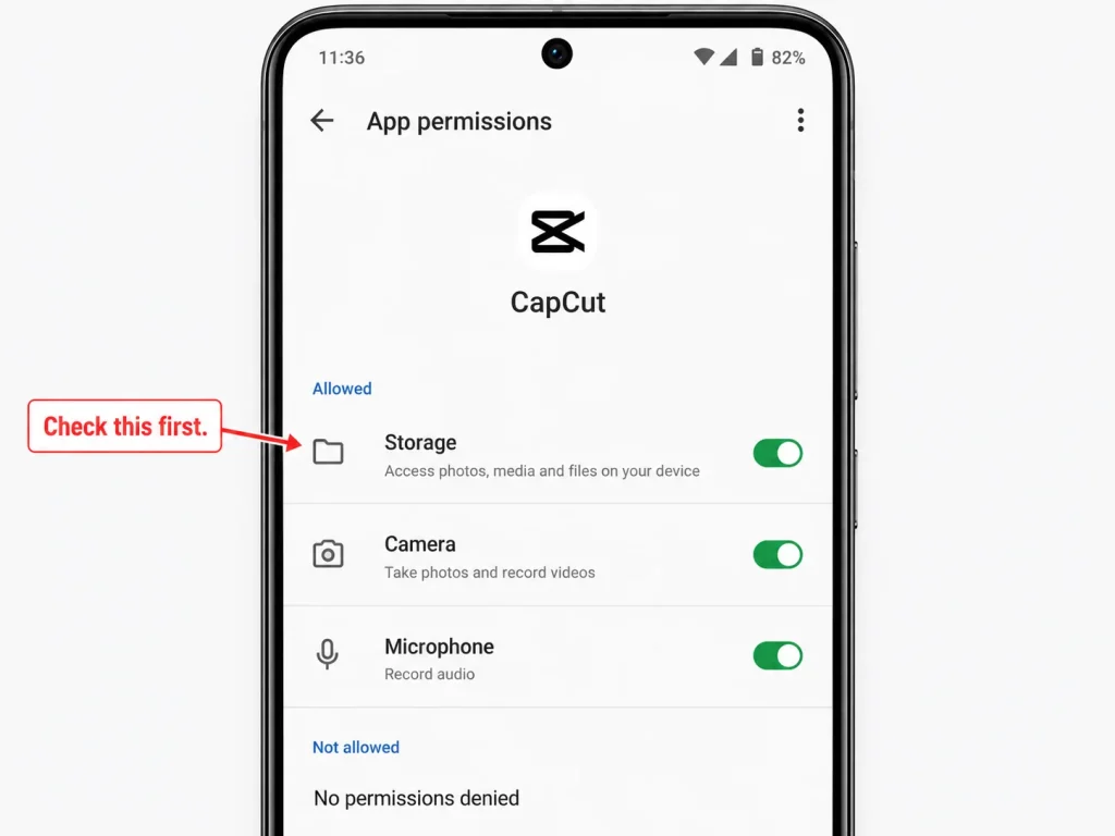 Android App permissions screen for CapCut showing Storage, Camera, and Microphone permissions all enabled, with an arrow pointing to Storage labeled Check this first