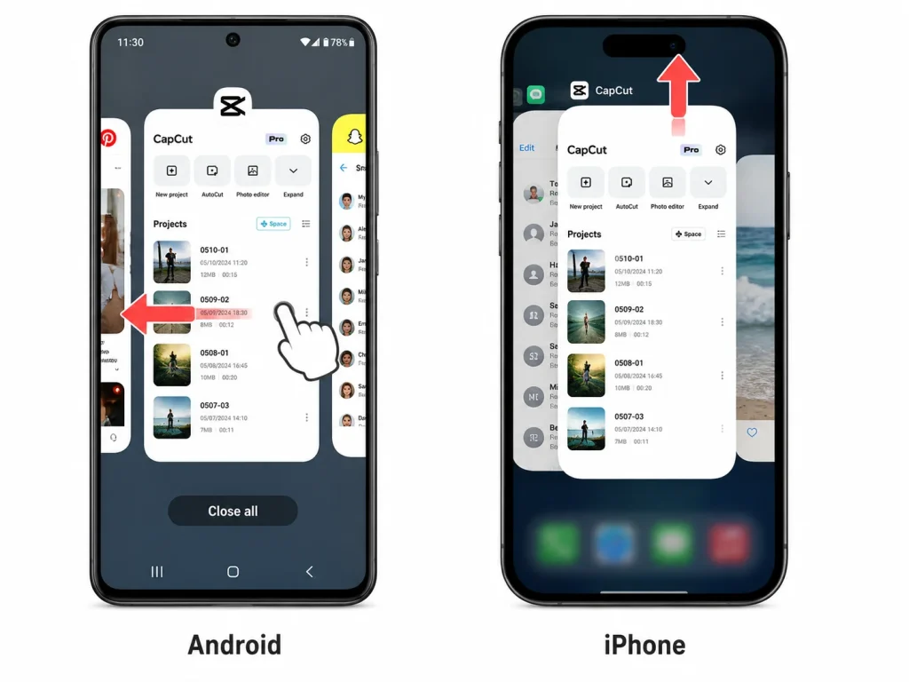 Android recent apps screen showing CapCut being swiped away to force close on left, and iPhone app switcher showing CapCut being swiped up to force close on right