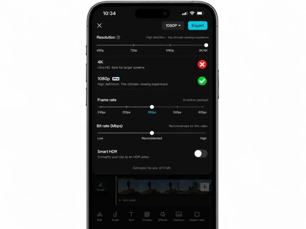 Realistic iPhone mockup displaying CapCut's dark-mode export settings screen. Resolution options are shown with a red X annotation beside 4K and a green checkmark beside 1080p, indicating the recommended setting. The frame rate slider highlights 30fps as the selected option. Additional export controls such as bitrate and HDR settings are visible on a dark background with white text and clean slider controls. Minimalist product screenshot style with a clear, easy-to-read interface.