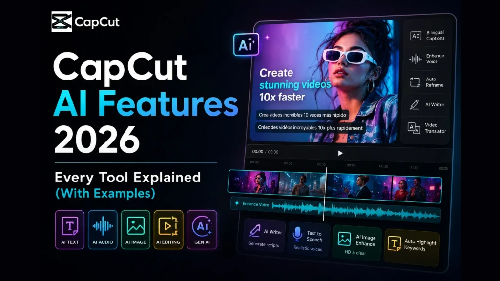 CapCut AI Features 2026 hero image showing a modern AI-powered video editing interface with AI Text, AI Audio, AI Image, AI Editing, and Gen AI tools. The design highlights features like Bilingual Captions, Enhance Voice, Auto Reframe, AI Writer, Video Translator, Text-to-Speech, Image Enhancement, and Auto Highlight Keywords, alongside the title "CapCut AI Features 2026: Every Tool Explained (With Examples)."