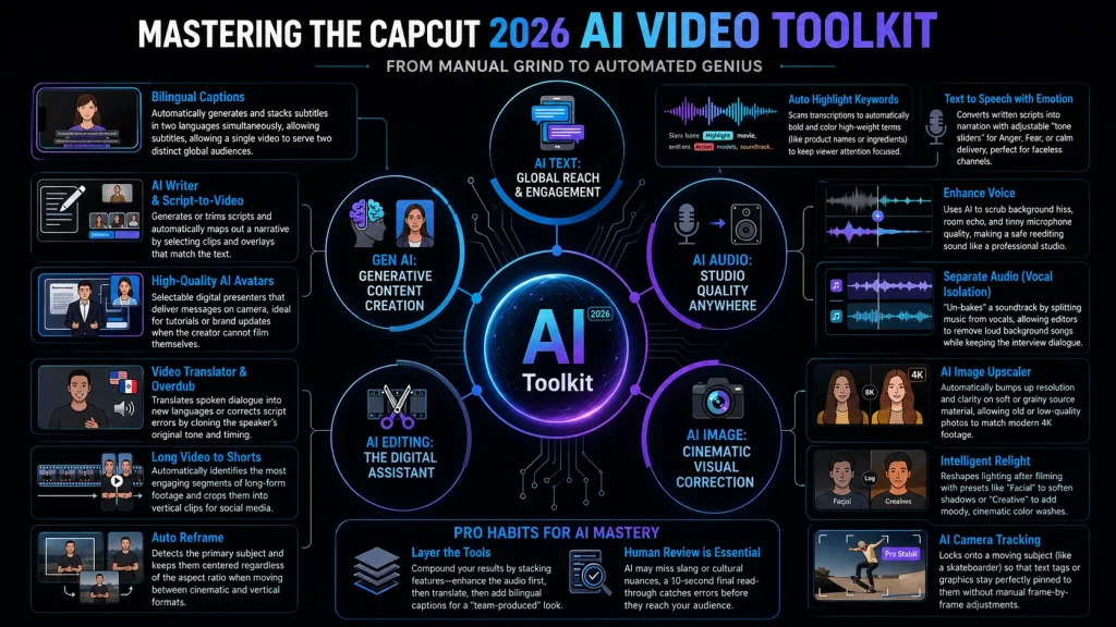 Complete CapCut AI Features infographic explaining AI writing, image editing, audio enhancement, captions, translation, avatars, and video automation tools in 2026.