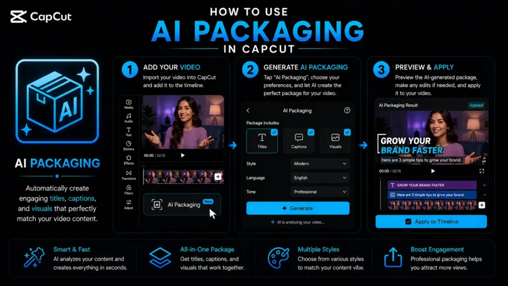 CapCut AI Packaging tutorial demonstrating how to automatically generate titles, captions, and visuals for professional video content.