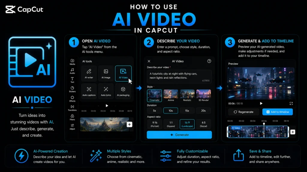Step-by-step tutorial explaining how to generate AI videos in CapCut using text prompts, styles, duration, and aspect ratio settings.